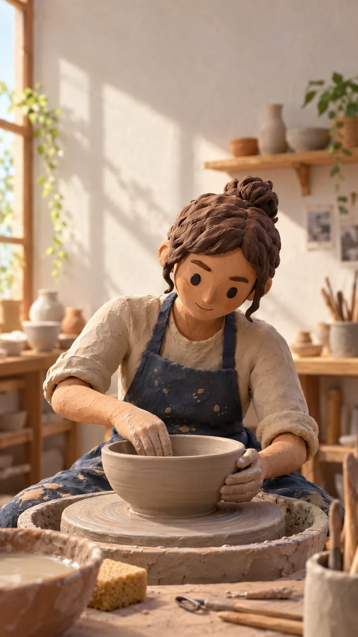 A potter shaping a bowl at a wheel, rendered in soft modeling clay