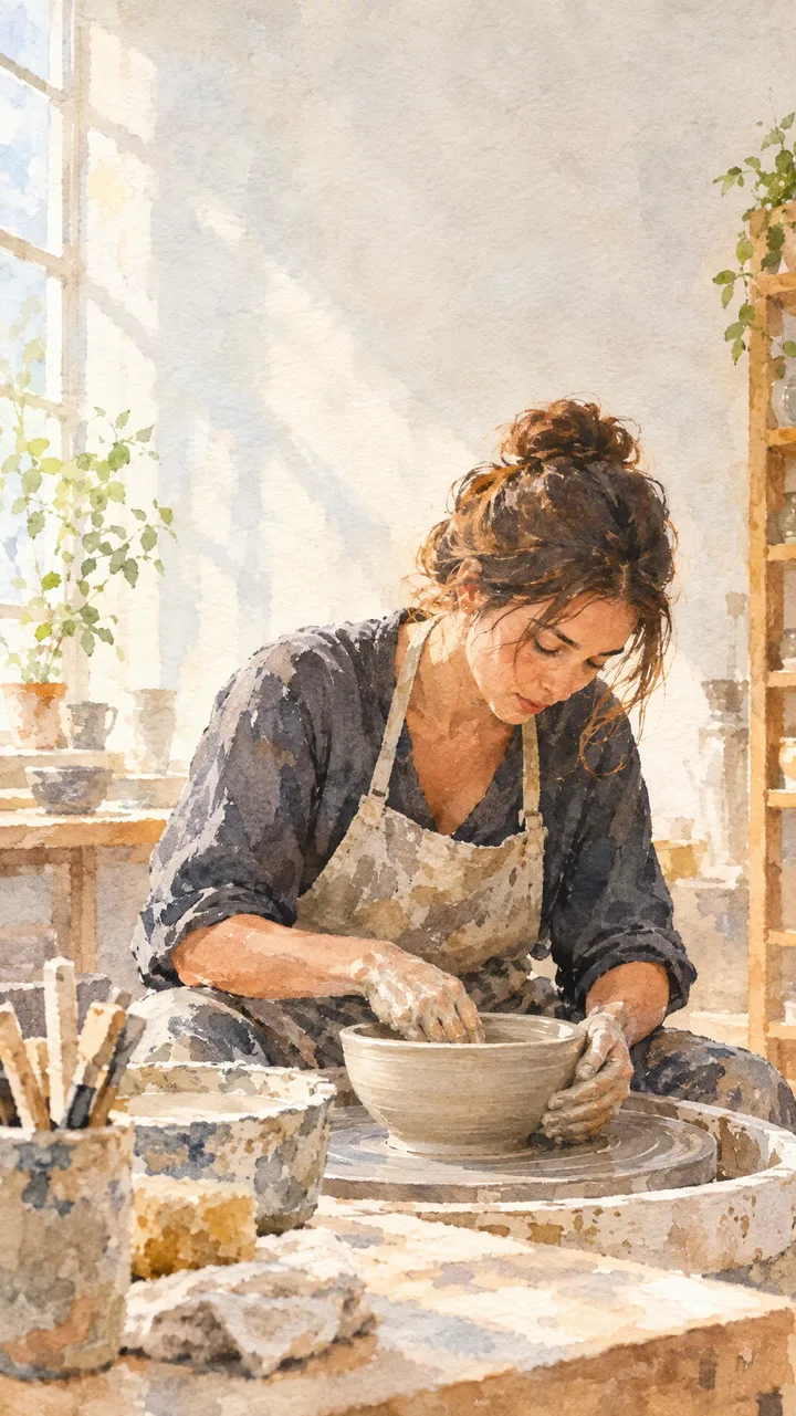 A potter shaping a bowl at a wheel, rendered in loose watercolor washes
